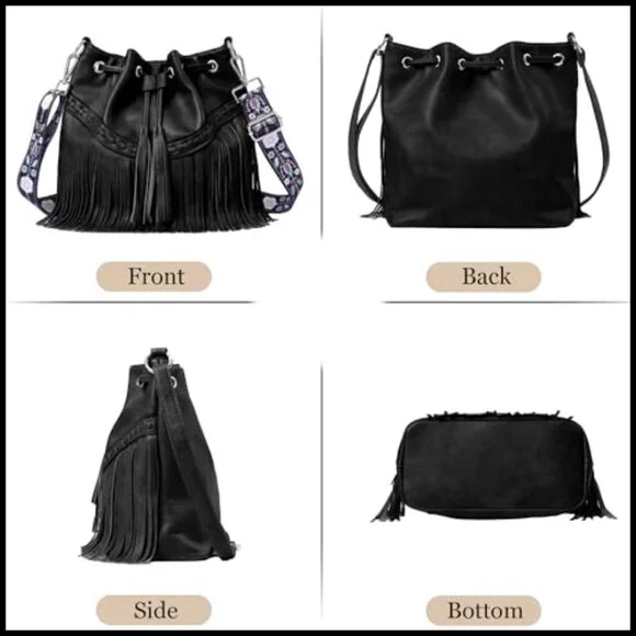 Vegan Leather Hobo Bag Fringe Tassel Western Boho Crossbody Shoulder Purse - Picture 6 of 7